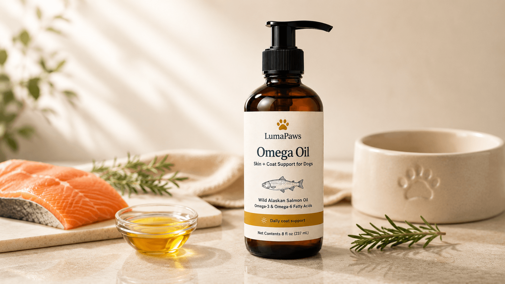 Luma Paws Omega Oil product still with salmon oil ingredients.