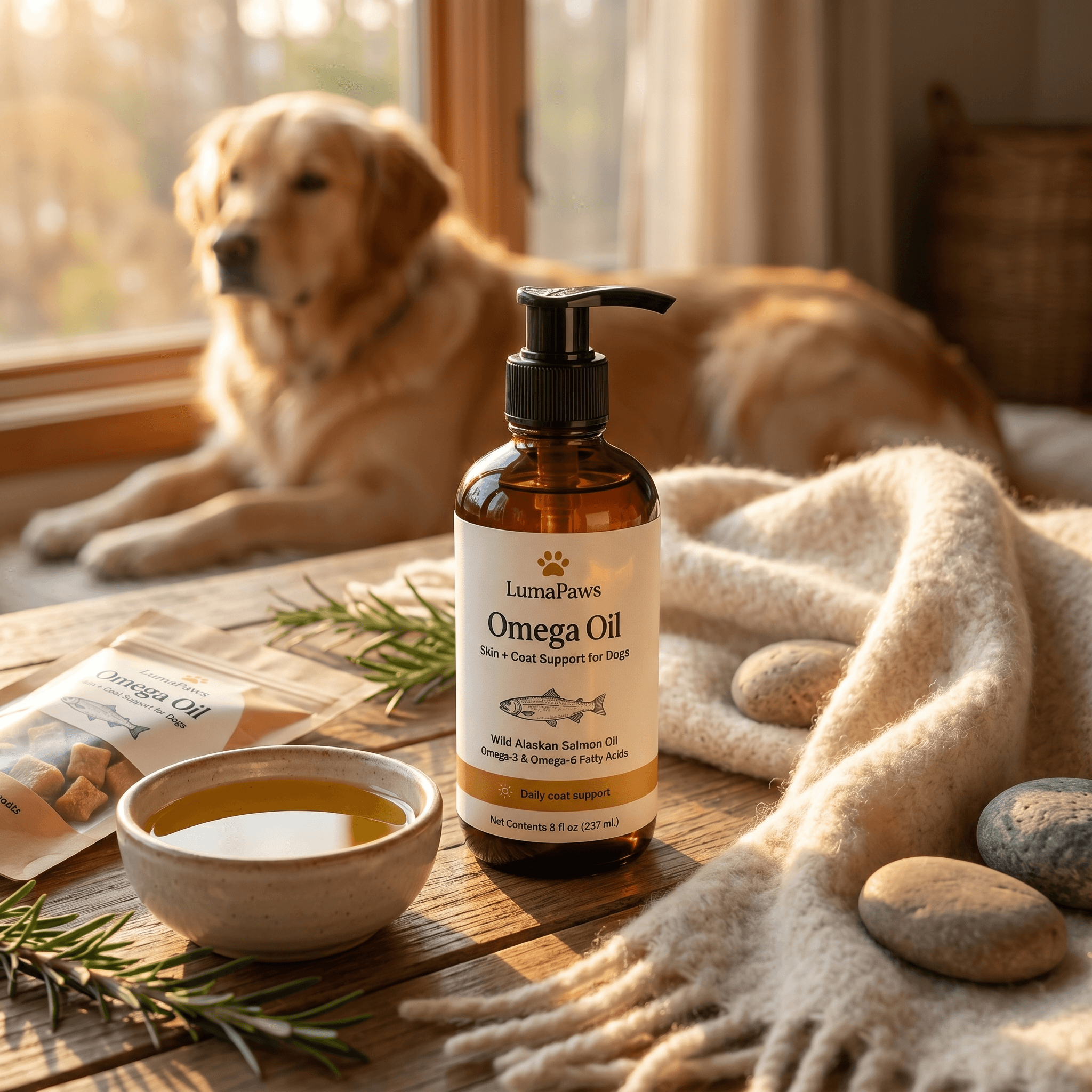 Luma Paws Omega Oil product image with dog in warm home setting.