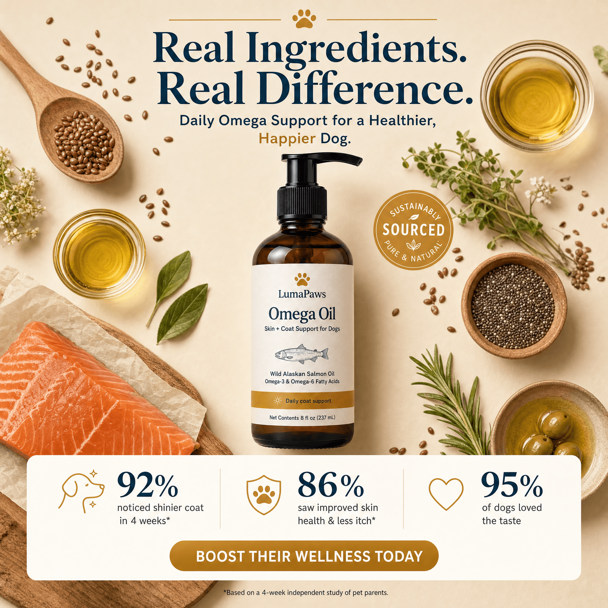 Luma Paws Omega Oil direct-response ad with ingredient story.