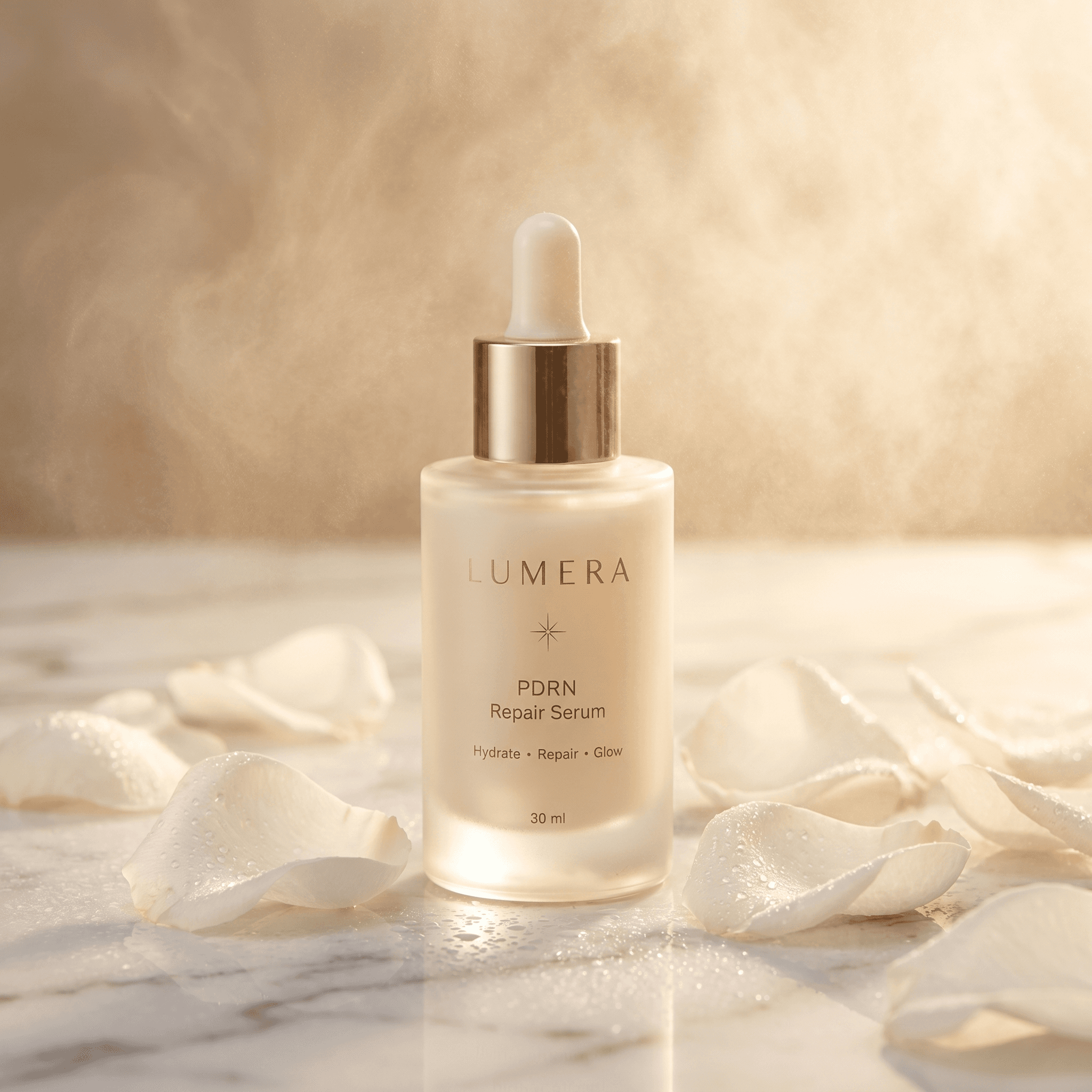 Lumera serum product hero image with warm cinematic lighting.